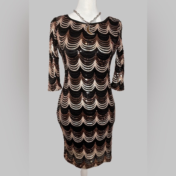 Crystal Doll Black and Gold Sequin Mini Dress - Picture 2 of 7